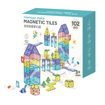【mamayo】星鑽磁力片-滾球城堡夢幻組 (102pcs，含彩色木球x2、眼睛配件x2、大四方磁力片x3，附VR教學手冊)