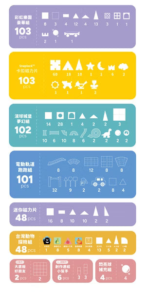 【mamayo】星鑽磁力片-滾球城堡夢幻組 (102pcs，含彩色木球x2、眼睛配件x2、大四方磁力片x3，附VR教學手冊)