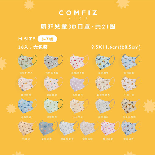 【Comfiz】3-7歲立體醫療口罩(M) 大包裝 - 多款式